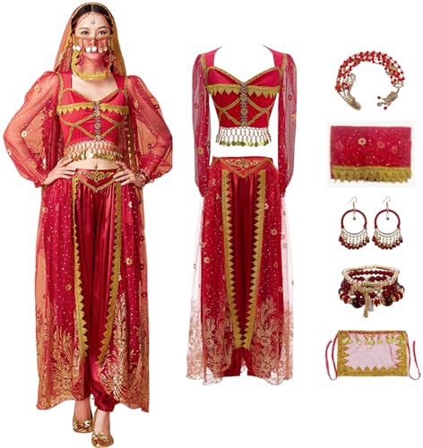 Windskids Aladdin Jasmin Kostüm Damen Arabische Prinzessin Bauchtanz Langarm Oberteil und Hose mit Zubehör Exotische Set für Halloween Karneval Party Maskerade Performance Verkleidung von Windskids