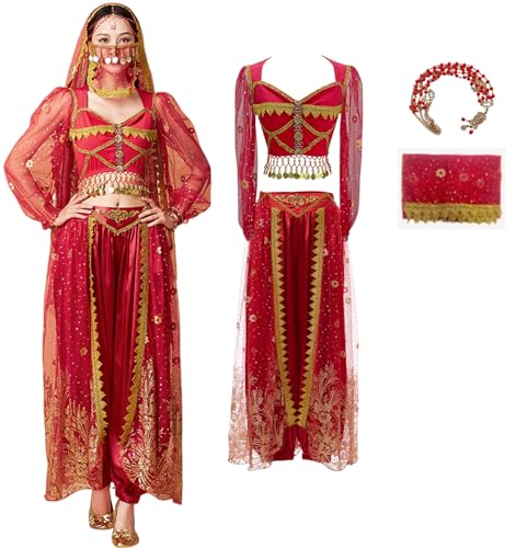 Windskids Aladdin Jasmin Kostüm Damen Arabische Prinzessin Bauchtanz Langarm Oberteil und Hose mit Zubehör Exotische Set für Halloween Karneval Party Maskerade Performance Verkleidung von Windskids