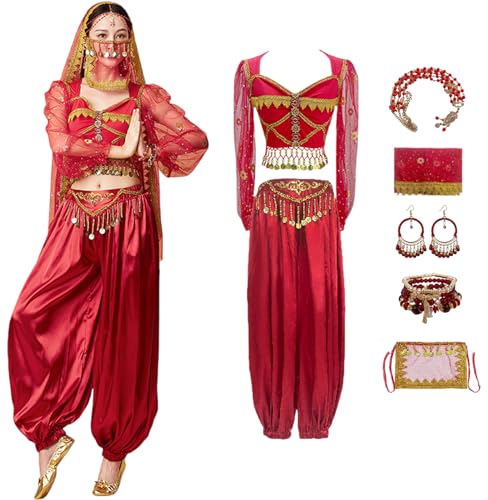 Windskids Aladdin Jasmin Kostüm Damen Cosplay Arabische Prinzessin Bauchtanz Langarm Oberteil und Hose mit Zubehör Exotische Set für Halloween Karneval Party Maskerade Performance Verkleidung von Windskids