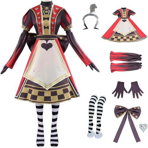 Windskids Alice Kostüm mit Halskette Damen Cosplay Game Crazy Alice Komplett Poker Maid Uniform Kleid Ärmel Handschuhe Fliege Socken Set für Halloween Karneval Party Maskerade Performance Verkleidung von Windskids