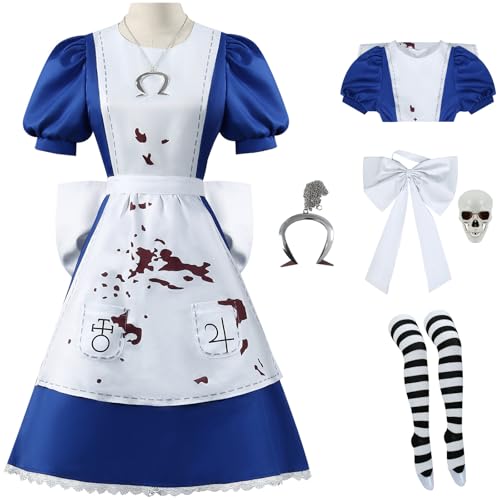 Windskids Alice Kostüm mit Halskette Damen Cosplay Game Verrückt Alice Maid Uniform Kleid und Schleife Socken Anzug 4 Stück für Halloween Karneval Party Maskerade Performance Verkleidung von Windskids