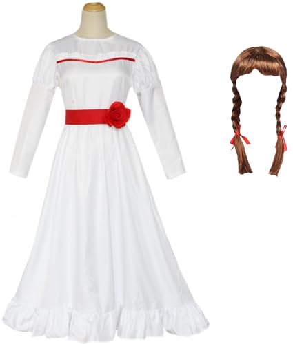 Windskids Annabelle Kostüm mit Perücke Damen Fasching Cosplay Horror Puppen Annabelle Gotik Vintage Weiß Kleid und Gürtel Set für Fancy Dress Up Halloween Karneval Party Maskerade Verkleidung Costume von Windskids