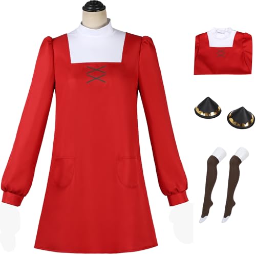 Windskids Anya Kostüm Damen Cosplay Anime Movie Anya Forger Langarm Taschenkleid mit Kopfbedeckung Socken für Halloween Weihnachten Karneval Party Geburtstag Maskerade Performance Verkleidung, Rot von Windskids