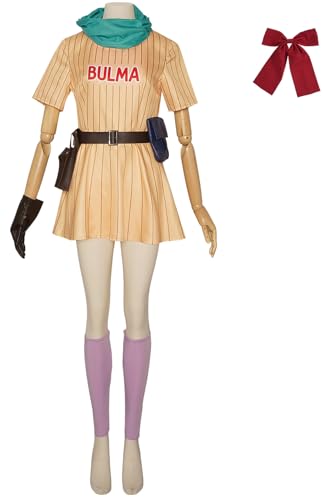 Windskids Bulma Kostüm Damen Fasching Cosplay Anime Bulma Deluxe Komplett Uniform Kleid mit Zubehör Anzug für Halloween Karneval Party Maskerade Verkleidung, Streifen/Gelb von Windskids