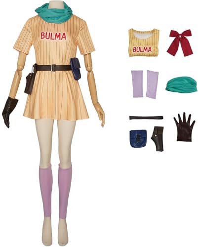 Windskids Bulma Kostüm Damen Fasching Cosplay Anime Bulma Deluxe Komplett Uniform Kleid mit Zubehör Anzug für Halloween Karneval Party Maskerade Verkleidung, Streifen/Gelb von Windskids