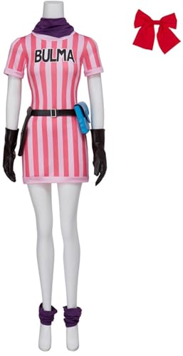 Windskids Bulma Kostüm Damen Fasching Cosplay Anime Bulma Deluxe Komplett Uniform Kleid mit Zubehör Anzug für Halloween Karneval Party Maskerade Verkleidung, Streifen/Rosa von Windskids