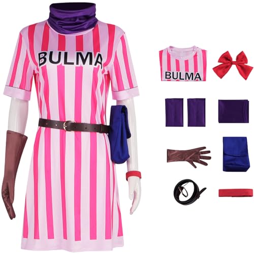 Windskids Bulma Kostüm Damen Fasching Cosplay Anime Bulma Komplett Uniform Kleid mit Zubehör Anzug für Halloween Karneval Party Maskerade Verkleidung, Streifen von Windskids