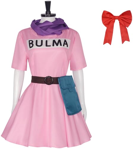 Windskids Bulma Kostüm Damen Fasching Cosplay Anime Bulma Uniform Kleid mit Zubehör Anzug 5 Stück für Halloween Karneval Party Maskerade Verkleidung, Rosa von Windskids