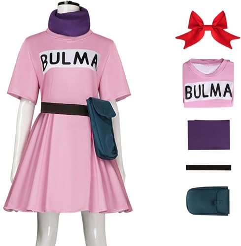 Windskids Bulma Kostüm Damen Fasching Cosplay Anime Bulma Uniform Kleid mit Zubehör Anzug 5 Stück für Halloween Karneval Party Maskerade Verkleidung, Rosa von Windskids