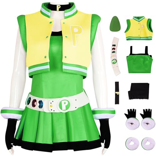 Windskids Buttercup Kostüm Damen Cosplay Anime Power Puff Girls Z Hyper Buttercup Deluxe Volluniform mit Zubehör Set für Halloween Karneval Party Geburtstag Maskerade Performance Verkleidung, Grün von Windskids