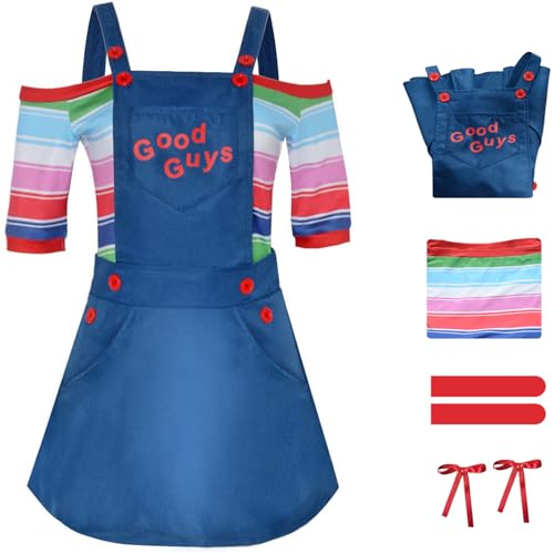 Windskids Chucky Kostüm Damen Cosplay Horror Geisterpuppen Chucky Uniform Trägerrock Top Socken Kopfbedeckung Set für Fancy Dress Up Halloween Karneval Party Maskerade Performance Verkleidung von Windskids