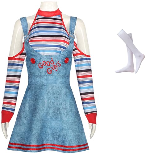 Windskids Chucky Kostüm Damen Fasching Cosplay Horror Puppen Chucky Outfit Trägerkleid und T-Shirt Socken Anzug 3 Stück für Halloween Karneval Party Maskerade Verkleidung von Windskids