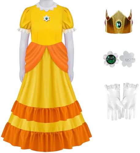 Windskids Daisy Kostüm mit Krone Damen Fasching Prinzessin Daisy Maxi Abendkleider und Ohrringe Handschuhe Anzug 4 Stück für Halloween Weihnachten Karneval Party Geburtstag Maskerade Verkleidung, Gelb von Windskids