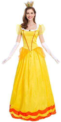 Windskids Daisy Kostüm mit Krone Handschuh Damen Cosplay Prinzessin Daisy Prinzessin Belle Maxi Abendkleid für Halloween Weihnachten Karneval Party Geburtstag Maskerade Fest Hochzeit Verkleidung, Gelb von Windskids