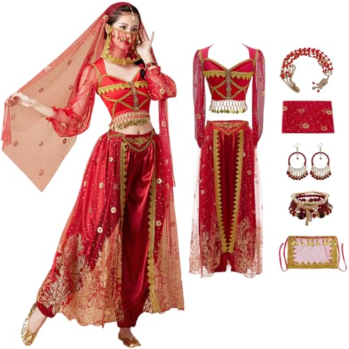 Windskids Damen Aladdin Jasmin Kostüm Arabische Prinzessin Bauchtanz Langarm Oberteil und Hose mit Zubehör Exotische Set für Halloween Karneval Party Maskerade Performance Verkleidung von Windskids