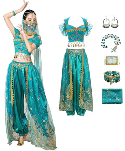 Windskids Damen Aladdin Jasmin Kostüm Arabische Prinzessin Bauchtanz Oberteil und Hose mit Zubehör Exotische Set für Halloween Karneval Party Maskerade Performance Verkleidung von Windskids