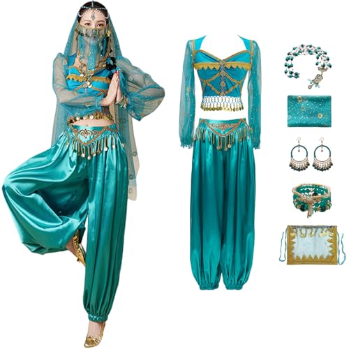 Windskids Damen Aladdin Jasmin Kostüm Cosplay Arabische Prinzessin Bauchtanz Langarm Oberteil und Hose mit Zubehör Exotische Set für Halloween Karneval Party Maskerade Performance Verkleidung von Windskids