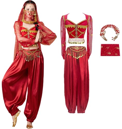 Windskids Damen Aladdin Jasmin Kostüm Cosplay Arabische Prinzessin Bauchtanz Langarm Oberteil und Hose mit Zubehör Exotische Set für Halloween Karneval Party Maskerade Performance Verkleidung von Windskids