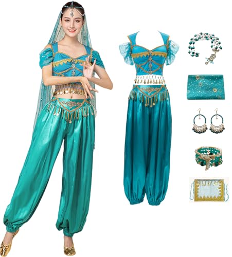 Windskids Damen Aladdin Jasmin Kostüm Cosplay Arabische Prinzessin Bauchtanz Oberteil und Hose mit Zubehör Exotische Set für Halloween Karneval Party Maskerade Performance Verkleidung von Windskids