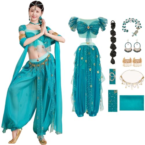 Windskids Damen Aladdin Jasmin Kostüm Fasching Cosplay Arabische Prinzessin Bauchtanz Oberteil und Hose mit Zubehör Exotische Tüll Set für Halloween Karneval Party Maskerade Performance Verkleidung von Windskids