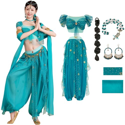 Windskids Damen Aladdin Jasmin Kostüm Fasching Cosplay Arabische Prinzessin Bauchtanz Oberteil und Hose mit Zubehör Exotische Tüll Set für Halloween Karneval Party Maskerade Performance Verkleidung von Windskids