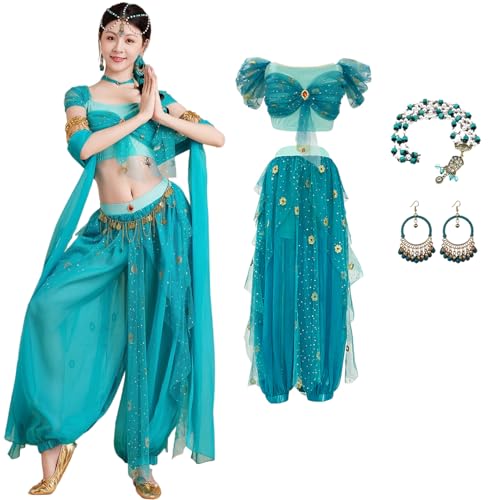 Windskids Damen Aladdin Jasmin Kostüm Fasching Cosplay Arabische Prinzessin Bauchtanz Oberteil und Hose mit Zubehör Exotische Tüll Set für Halloween Karneval Party Maskerade Performance Verkleidung von Windskids