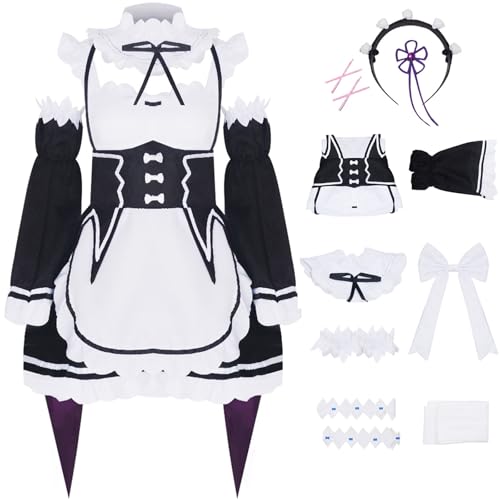 Windskids Damen Anime Ram Kostüm Cute Kawaii Maid Kleid Komplett Uniform mit Stirnband Haarschmuck Socken Set Fancy Dress Up Halloween Karneval Party Dienstmädchen Verkleidung für Frauen Mädchen von Windskids