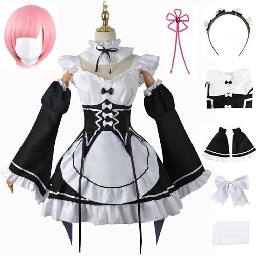 Windskids Damen Anime Ram Kostüm Schwarz Weiß Cute Kawaii Maid Kleid Komplett Uniform mit Stirnband Haarspange Socken Perücken Fancy Dress Up Halloween Karneval Party Verkleidung für Frauen Mädchen von Windskids