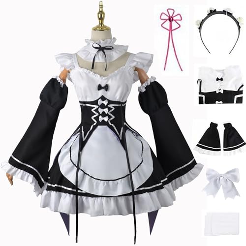 Windskids Damen Anime Ram Rem Kostüm Schwarz Weiß Cute Kawaii Maid Kleid Komplett Uniform mit Stirnband Haarspange Socken Set Fancy Dress Up Halloween Karneval Party Verkleidung für Frauen Mädchen von Windskids