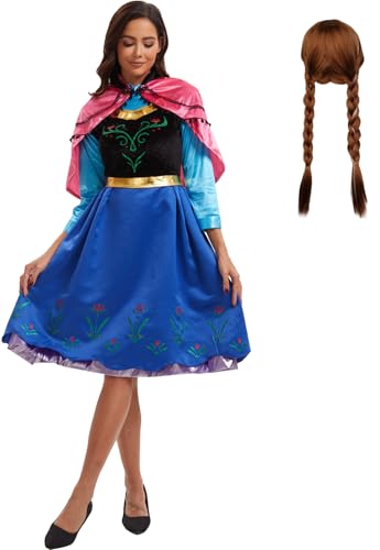 Windskids Damen Anna Kostüm Langarm Kleid mit Schal Perücke Set für Fancy Dress Up Halloween Karneval Party Geburtstag Maskerade Performance Prinzessin Anna Verkleidung, Große Größe S-4XL von Windskids