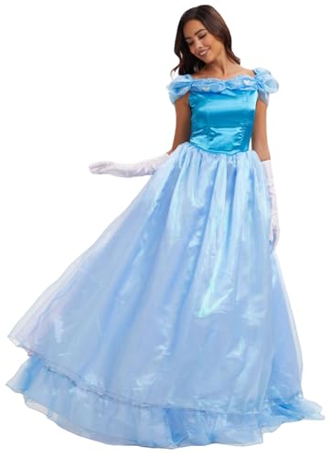 Windskids Damen Aschenputtel Kostüm Lange Tüll Schmetterling Cinderella Ballkleid mit Zubehör Weihnachten Karneval Halloween Party Fest Geburtstag Prinzessin Kostüm Verkleidung, Blau von Windskids