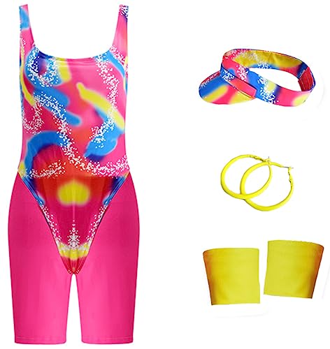 Windskids Damen Barbi Kostüm Cosplay 70er 80er Vintage Hippie Sport Skatingkleidung mit Hut Ohrringe Armband Set für Halloween Karneval Party Geburtstag Maskerade Performance Verkleidung von Windskids