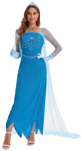 Windskids Damen ELSA Eiskönigin 2 Kostüm Bodenlang Pailletten ELSA Kleider mit Umhang Weihnachten Karneval Halloween Party Fest ELSA Kostüm Verkleidung, Blau von Windskids