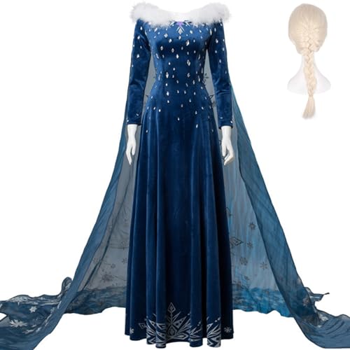 Windskids Damen ELSA Olaf Adventure Kostüm Samt Pelzkragen Bodenlang Umhangkleid mit Perücke Weihnachten Karneval Halloween Geburtstag Party Fest ELSA Kostüm Verkleidung, Blau, XS-3XL von Windskids