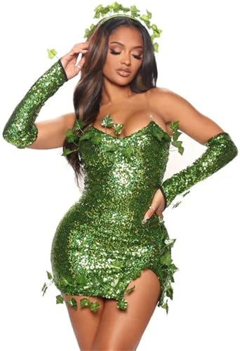 Windskids Damen Elfen Tinkerbell Kostüm Fasching Verkleidung Elfen Feen Tinker Bell Blatt Pailletten Kleider mit Zubehör Weihnachten Karneval Halloween Party Fest Geburtstag Prinzessin Kostüm von Windskids