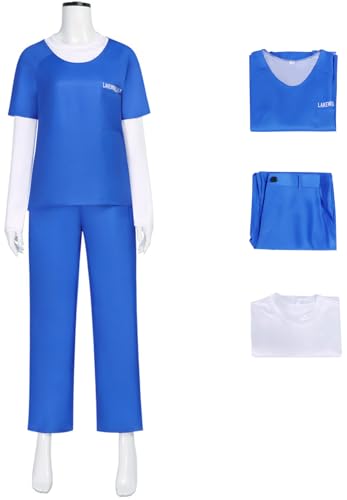 Windskids Damen Emma Dumont Kostüm Eule Gefängnisuniform T-Shirt Top Hose für Fancy Dress Up Halloween Karneval Party Maskerade Performance Verkleidung, Blau von Windskids