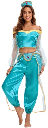 Windskids Damen Prinzessin Jasmin Kostüm Fasching Aladin Prinzessin Jasmine Bauchtanz Outfit Top und Hose mit Diadem Weihnachten Karneval Halloween Party Fest Geburtstag Kostüm Verkleidung von Windskids