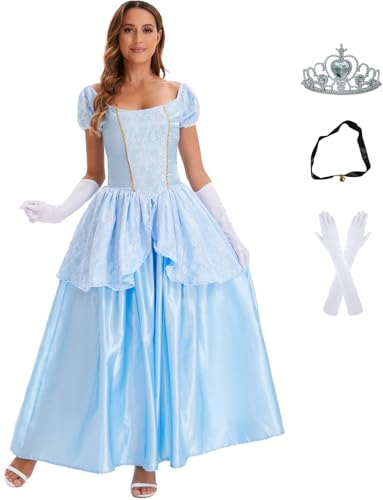 Windskids Damen Prinzessin Sissi Kostüm Fasching Lange Spitze Aschenputtel Prinzessin Abendkleid mit Zubehör Weihnachten Karneval Halloween Party Fest Cinderella Kostüm Verkleidung, Blau von Windskids