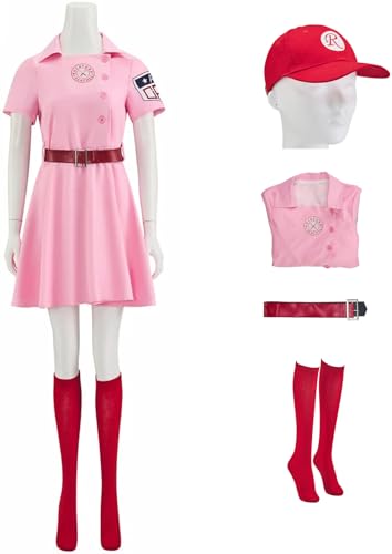 Windskids Damen Rockford Peaches AAGPBL Baseball Girls Rosa Baseballtrikot Kleid Hut Gürtel Socken Set 4 Stück für Fancy Dress Up Halloween Karneval Party Maskerade Performance Verkleidung von Windskids