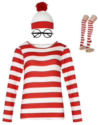 Windskids Damen Rot-weiß Gestreiftes T-Shirt mit Brille und Hut Socken Anzug 4 Stück für Cosplay Halloween Weihnachten Karneval Party Maskerade Verkleidung Performance Costume von Windskids