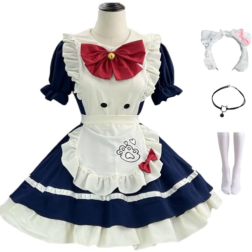 Windskids Dienstmädchen Kostüm Damen Cosplay Anime Lolita Kawaii Katze Maid Dress Café Kellner Schürzen Kleid Stirnband Kette Socken Set für Fancy Dress Up Halloween Karneval Party Maskerade Costume von Windskids