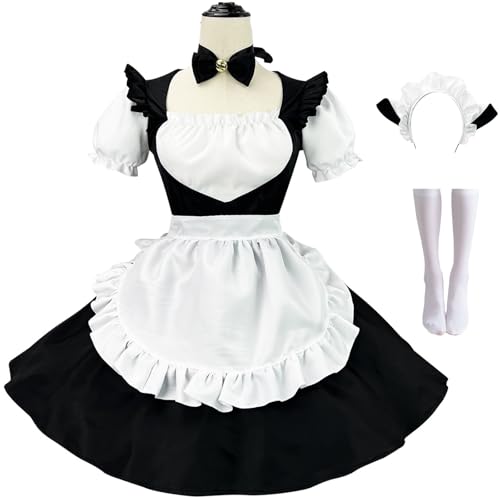 Windskids Dienstmädchen Kostüm Damen Cosplay Anime Lolita Kawaii Maid Dress Café Kellner Schürzen Kleid Stirnband Kette Socken 5PCS für Fancy Dress Up Halloween Karneval Party Hausmädchen Verkleidung von Windskids