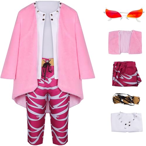 Windskids Doflamingo Kostüm mit Brillen Herren Cosplay Anime Piraten Könige Doflamingo Komplett Uniform Jacke Top Hose Gürtel Set Halloween Karneval Party Geburtstag Maskerade Performance Verkleidung von Windskids