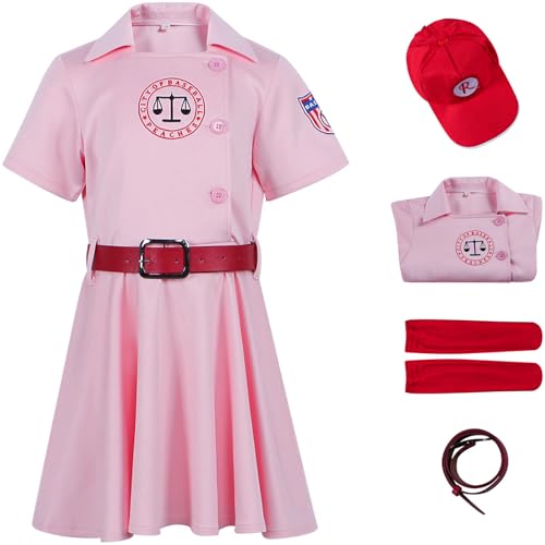 Windskids Dottie Hinson Kostüm Damen Cosplay Rockford Peaches AAGPBL Baseball Girls Rosa Kleid und Hut Gürtel Socken Anzug 4 Stück für Halloween Karneval Party Maskerade Performance Verkleidung von Windskids