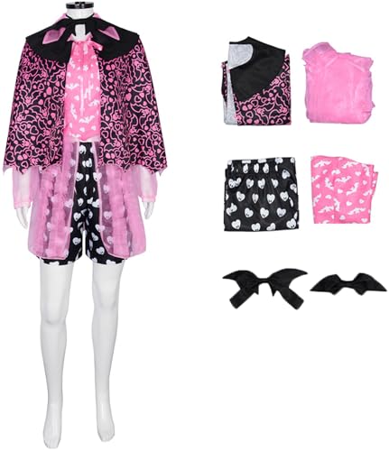 Windskids Draculaura Kostüm Damen Cosplay Monster High Vampir Draculaura Komplett Uniform mit Zubehör Set für Halloween Karneval Party Geburtstag Maskerade Performance Verkleidung von Windskids