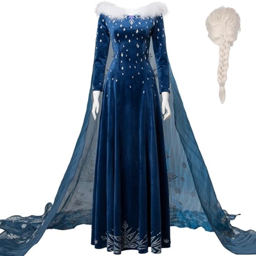 Windskids ELSA Kostüm mit Perücke Damen ELSA Olaf Adventure Samt Pelzkragen Bodenlang Umhangkleid Weihnachten Karneval Halloween Geburtstag Party Fest ELSA Kostüm Verkleidung, Blau, XS-3XL von Windskids