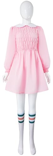 Windskids Eleven Kostüm Damen Cosplay Stranger 4 Eleven Rosa Langärmeliges Kleid und Socken Anzug 2 Stück für Halloween Karneval Geburtstag Party Maskerade Performance Verkleidung von Windskids