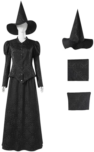 Windskids Elphaba Kostüm Damen Cosplay Wicked Hexe Elphaba Vintage Uniform Oberteil und Rock mit Hut Anzug 3 Stück für Halloween Karneval Geburtstag Party Maskerade Performance Verkleidung, Schwarz von Windskids