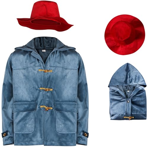 Windskids Erwachsene Padding Bär Kostüm Blau Langarm Knöpfe Kapuzenpullover Jacke und Rot Hut Set für Fancy Dress Up Halloween Karneval Party Geburtstag Maskerade Performance Verkleidung von Windskids