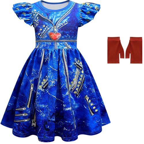 Windskids Evil Kostüm mit Handschuhen Mädchen Cosplay Nachkommen Evil Queen Druck Prinzessin Kleid und Perücken für Halloween Weihnachten Karneval Party Geburtstag Maskerade Performance Verkleidung von Windskids